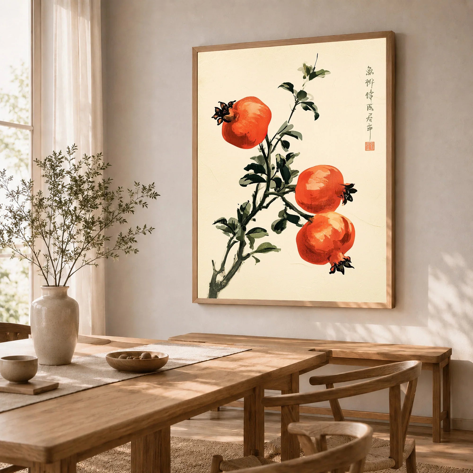 Japanese Fruit Art Print – Pomegranate Botanical Wall Art — dining room framed print natural wood frame