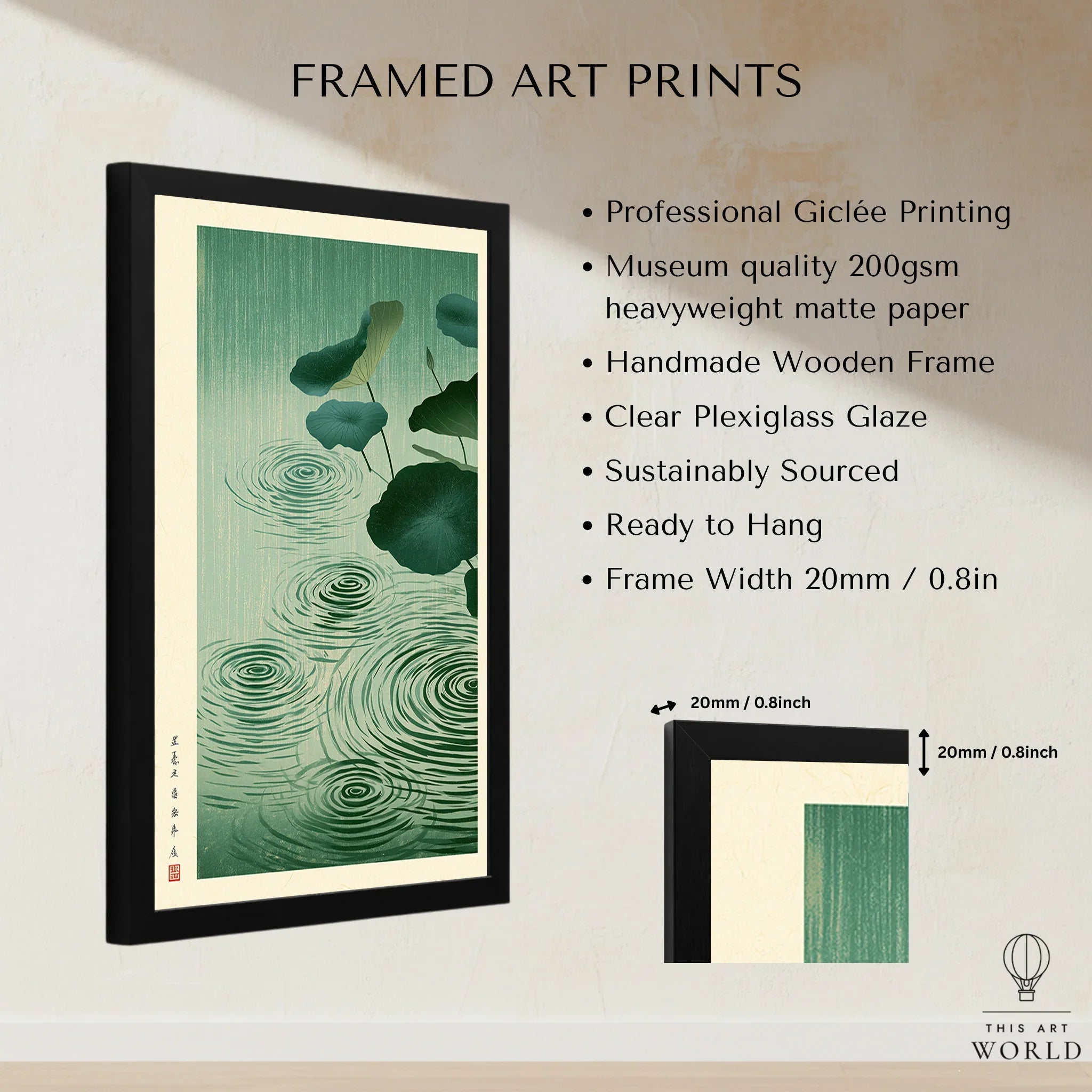Japanese Lotus Pond Art Print – Rainy Vintage Wall Art — framed print details measurements quality details
