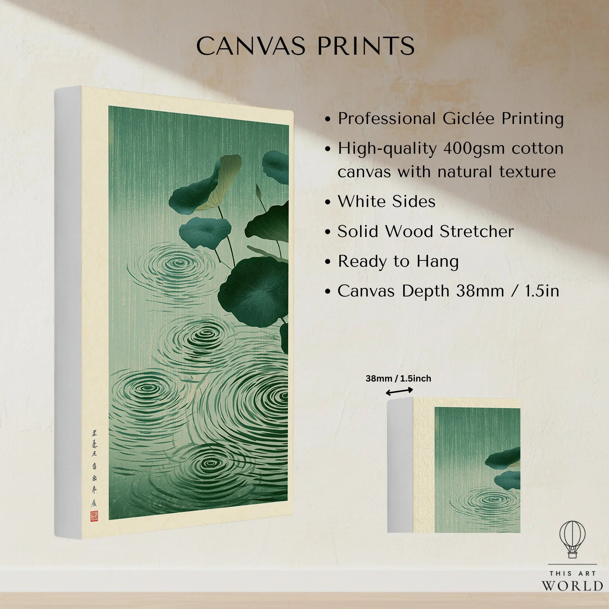 Japanese Lotus Pond Art Print – Rainy Vintage Wall Art — canvas print stretched cotton canvas details