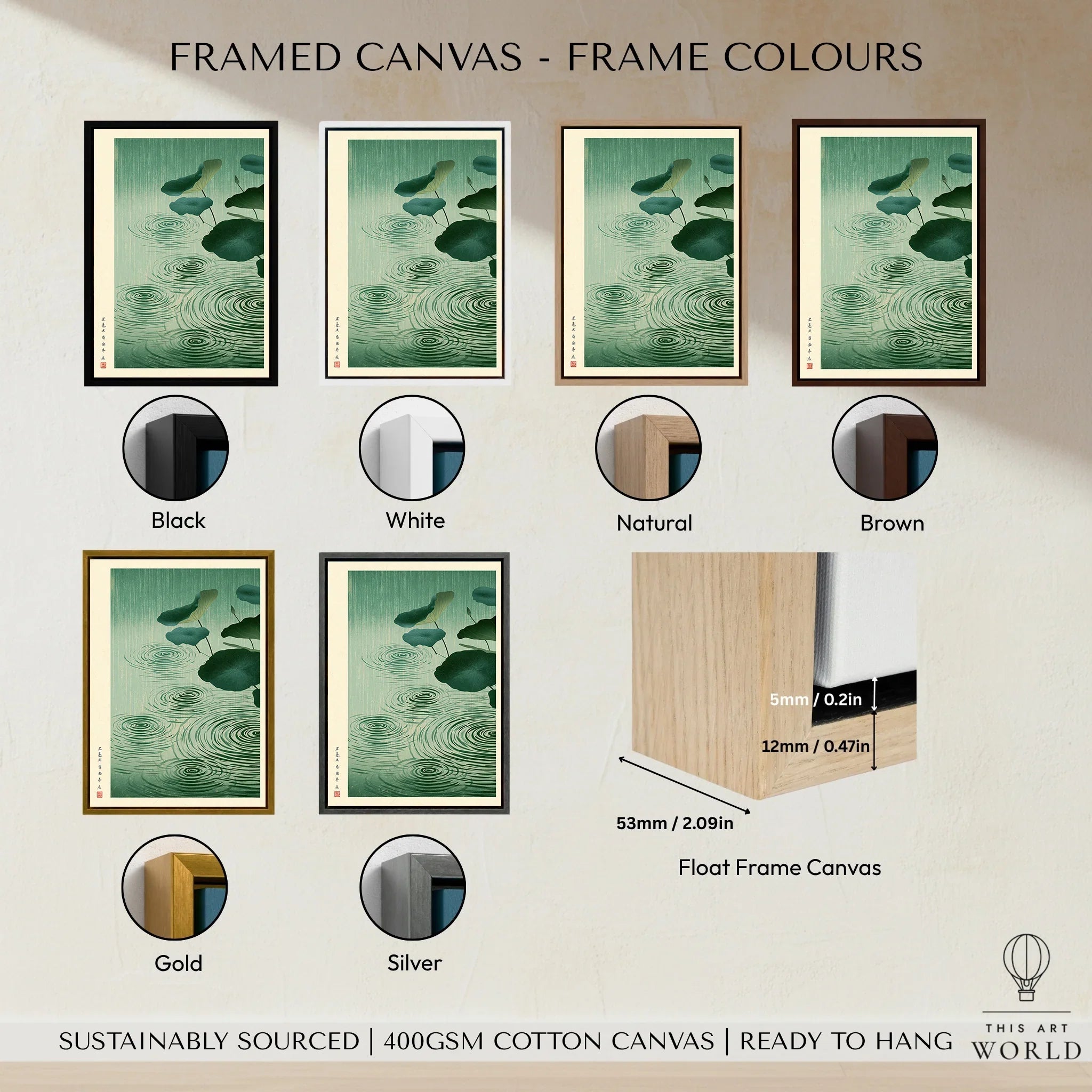 Japanese Lotus Pond Art Print – Rainy Vintage Wall Art — framed canvas float frame colour options
