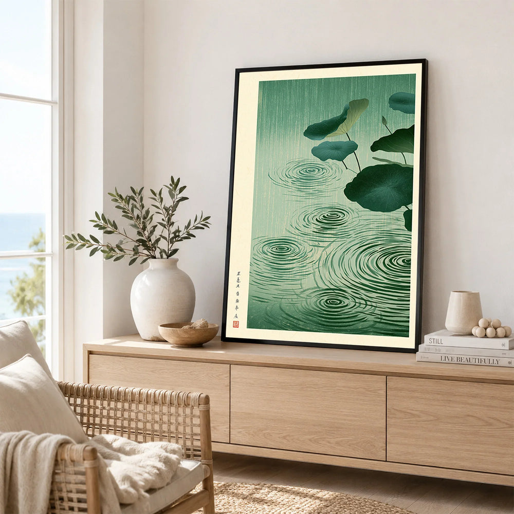 Japanese Lotus Pond Art Print – Rainy Vintage Wall Art — framed artwork living room lifestyle setting