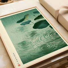 Japanese Lotus Pond Art Print – Rainy Vintage Wall Art — framed art print closeup gift unwrapped natural frame