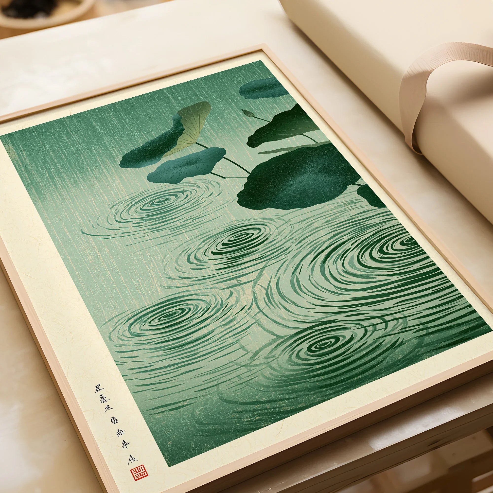 Japanese Lotus Pond Art Print – Rainy Vintage Wall Art — framed art print closeup gift unwrapped natural frame