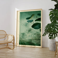Japanese Lotus Pond Art Print – Rainy Vintage Wall Art — large framed print room setting chair plant