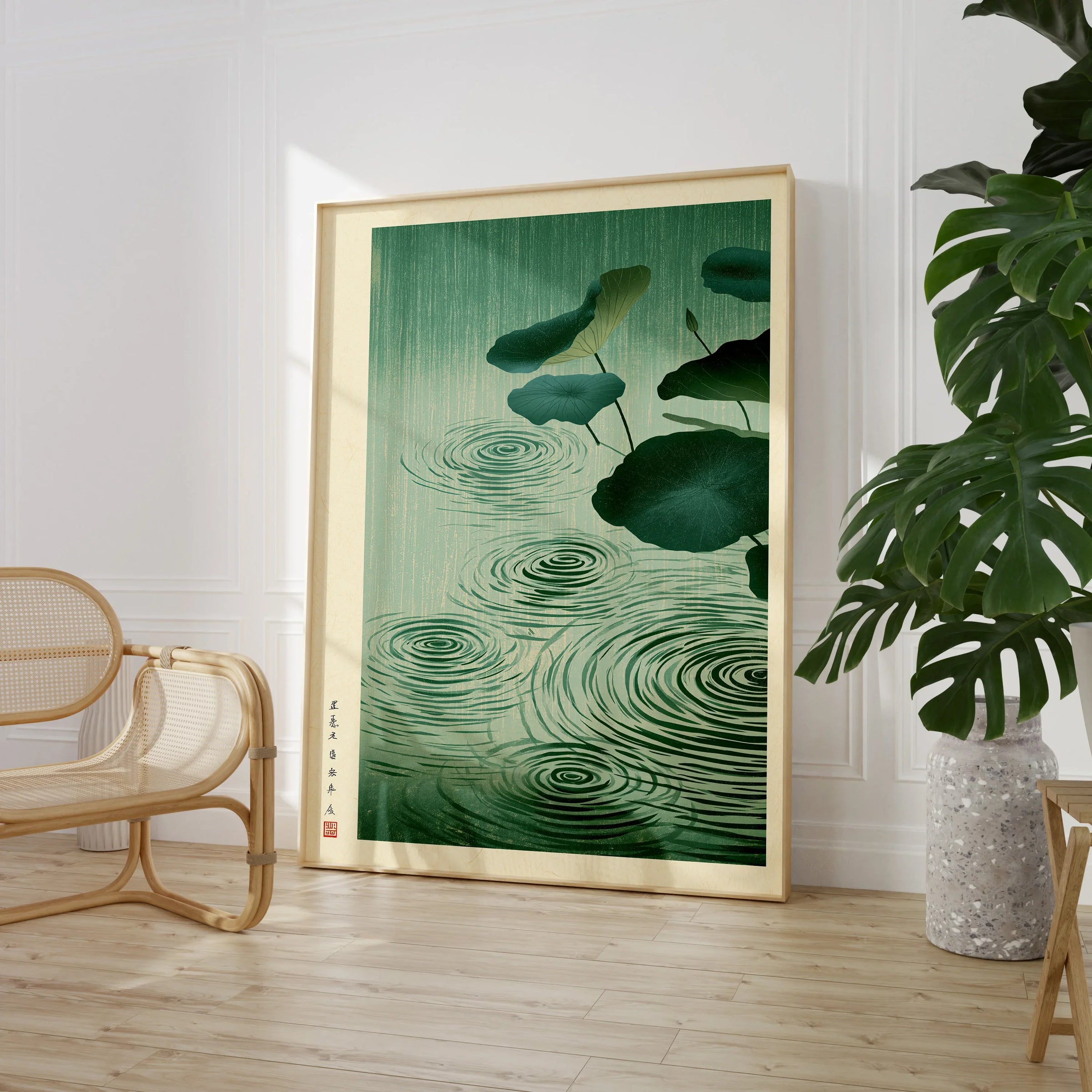 Japanese Lotus Pond Art Print – Rainy Vintage Wall Art — large framed print room setting chair plant