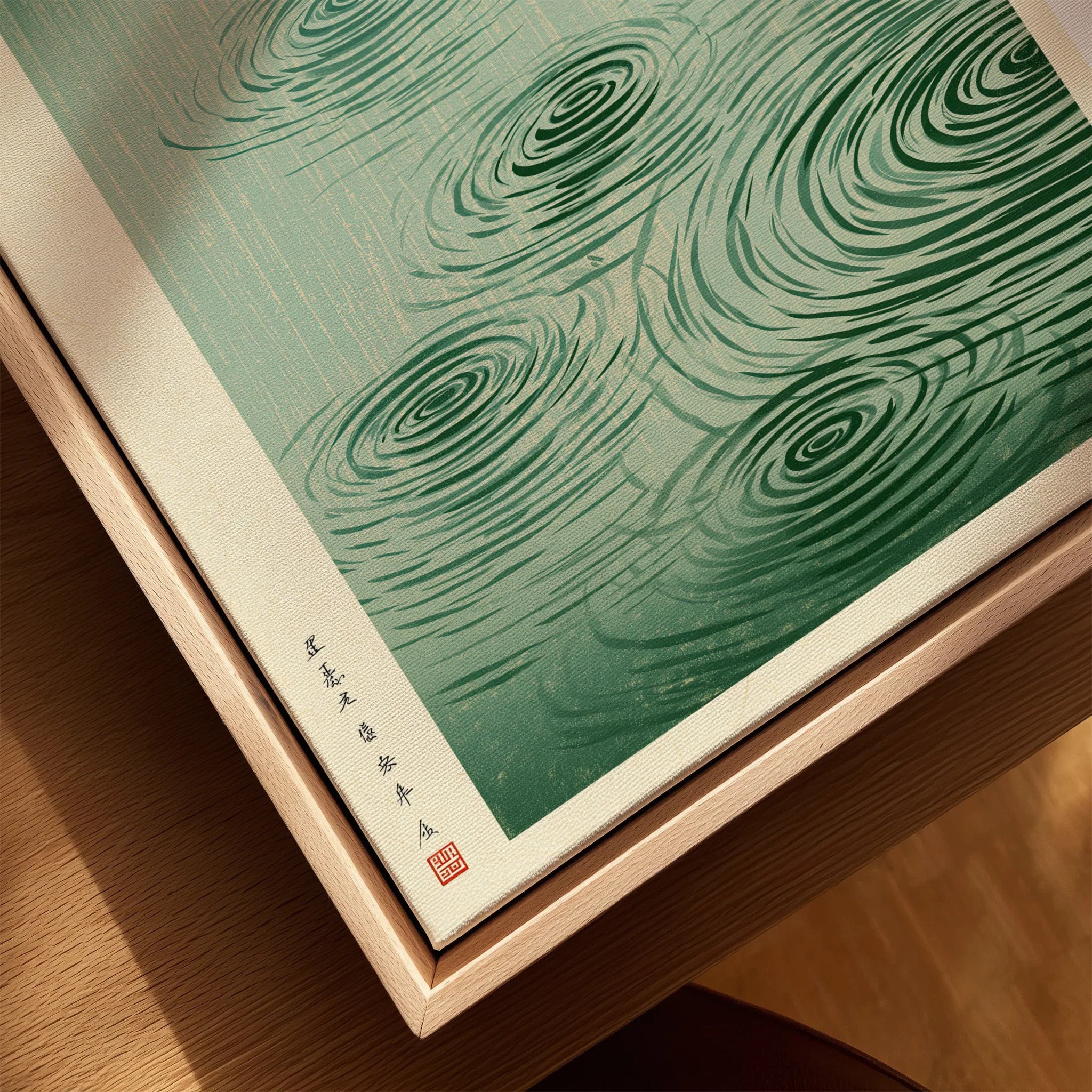 Japanese Lotus Pond Art Print – Rainy Vintage Wall Art — closeup framed canvas natural wood floating frame