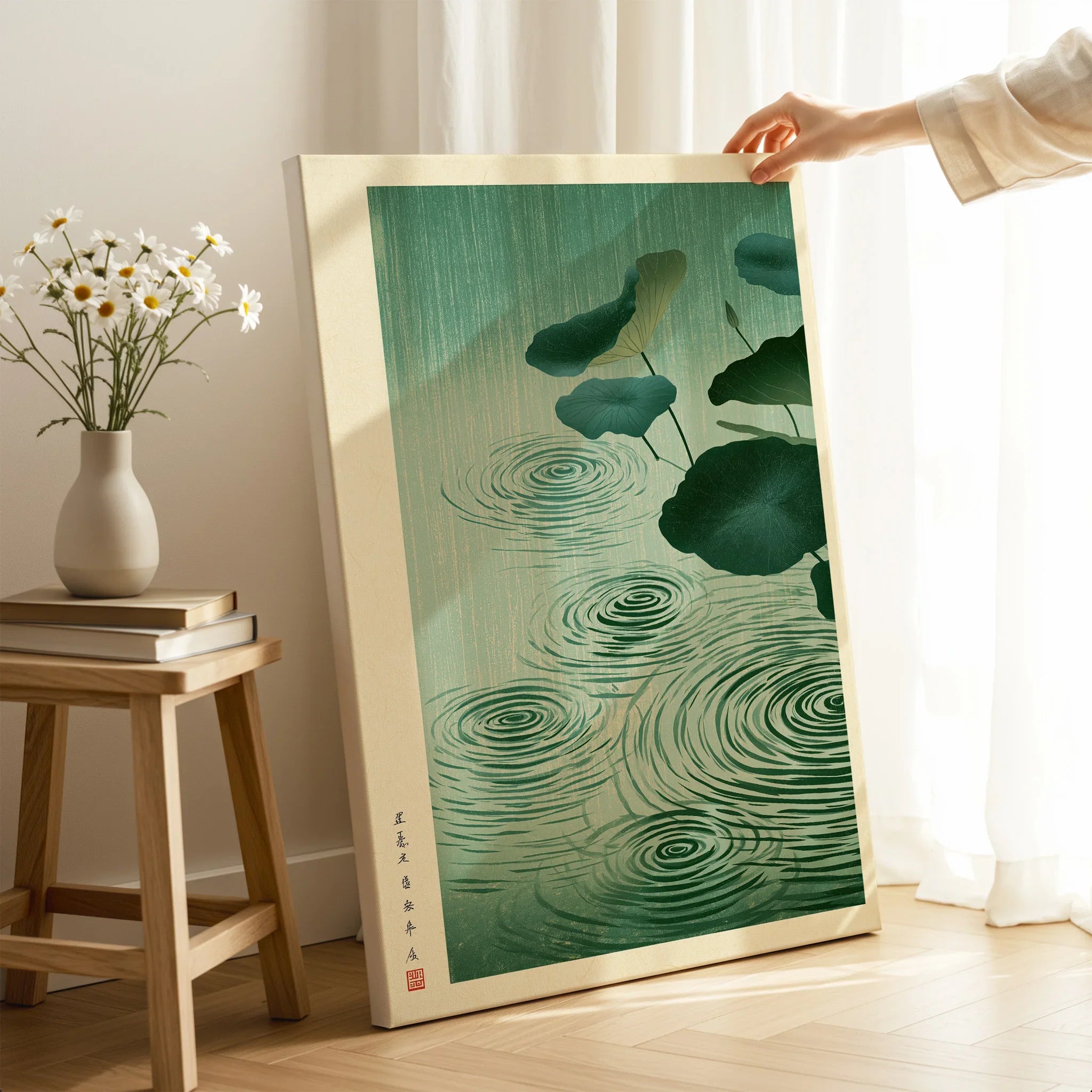 Japanese Lotus Pond Art Print – Rainy Vintage Wall Art — canvas print mirror edge hand holding room setting
