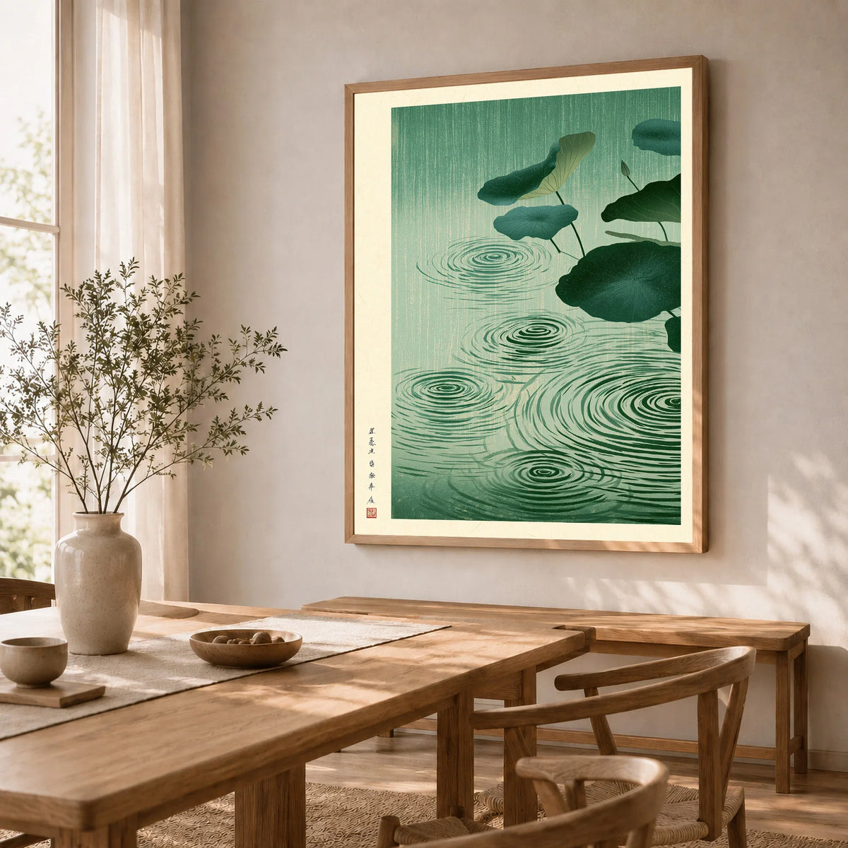 Japanese Lotus Pond Art Print – Rainy Vintage Wall Art — dining room framed print natural wood frame