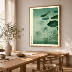 Japanese Lotus Pond Art Print – Rainy Vintage Wall Art — dining room framed print natural wood frame
