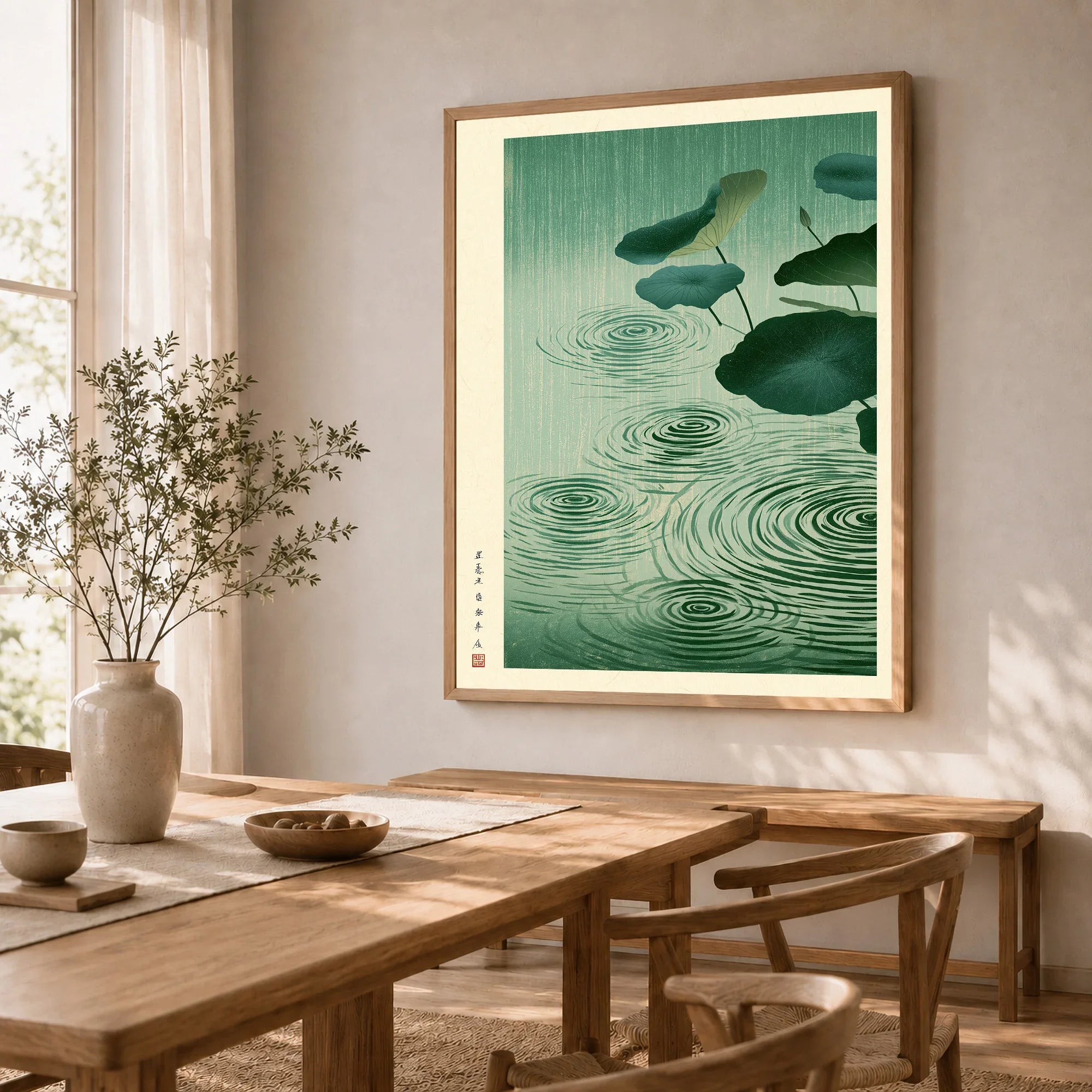 Japanese Lotus Pond Art Print – Rainy Vintage Wall Art — dining room framed print natural wood frame