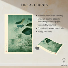 Japanese Lotus Pond Art Print – Rainy Vintage Wall Art — fine art print unframed quality details