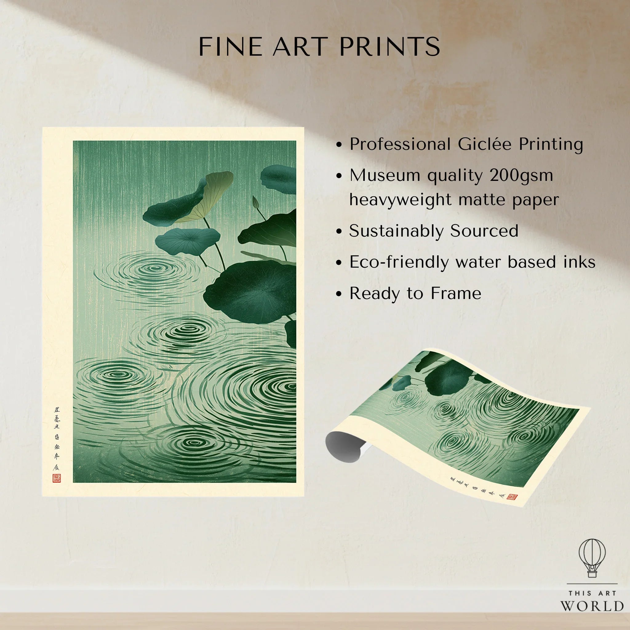Japanese Lotus Pond Art Print – Rainy Vintage Wall Art — fine art print unframed quality details