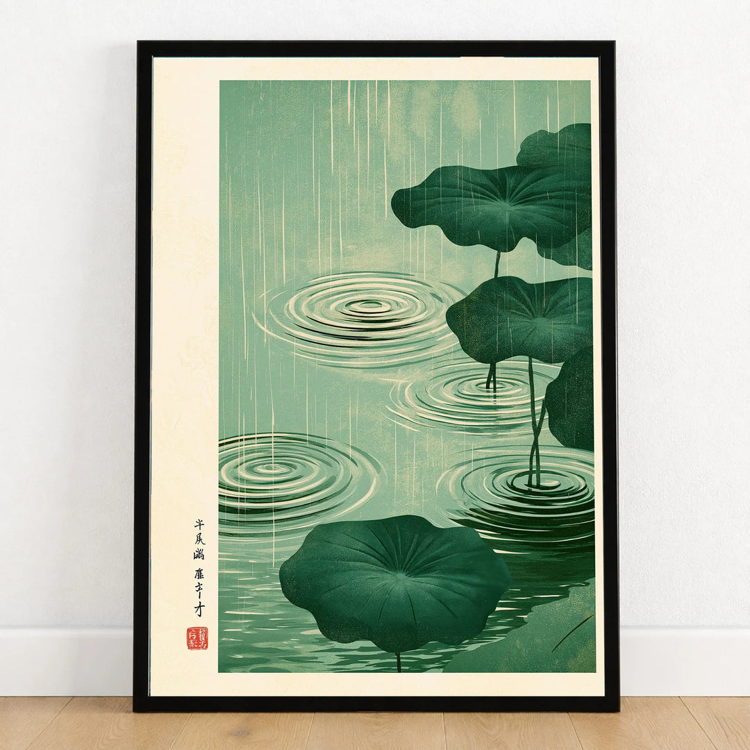 Japanese Pond Wall Art – Vintage Lotus & Rain Art Print — art print in black frame on wooden floor