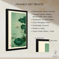 Japanese Pond Wall Art – Vintage Lotus & Rain Art Print — framed print details measurements quality details
