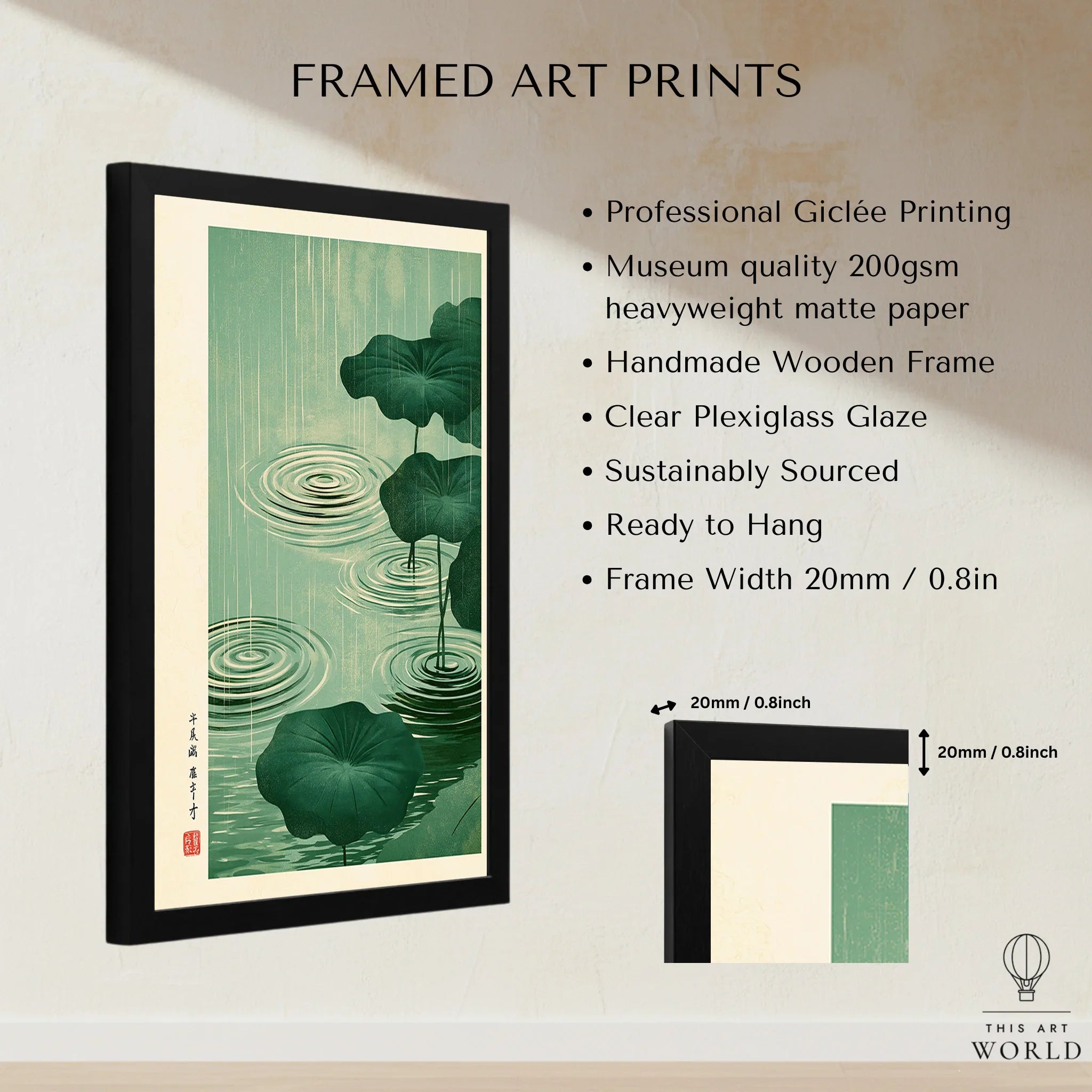 Japanese Pond Wall Art – Vintage Lotus & Rain Art Print — framed print details measurements quality details