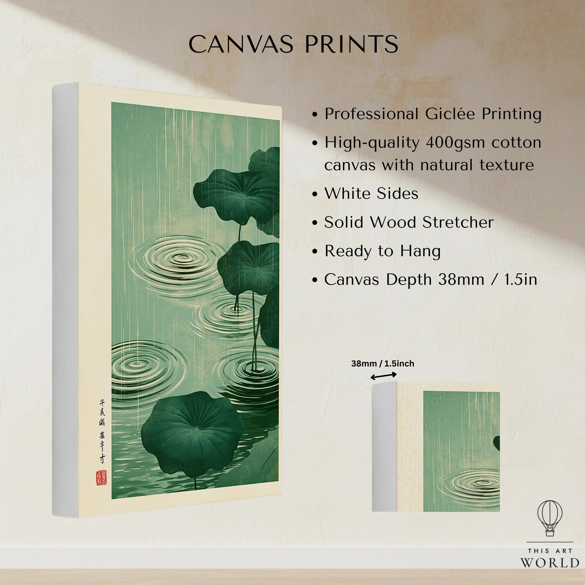 Japanese Pond Wall Art – Vintage Lotus & Rain Art Print — canvas print stretched cotton canvas details