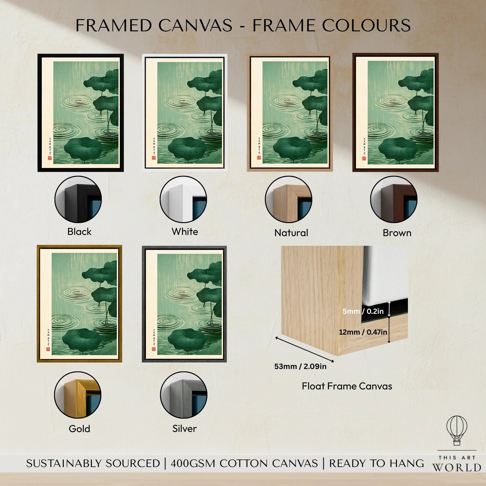 Japanese Pond Wall Art – Vintage Lotus & Rain Art Print — framed canvas float frame colour options