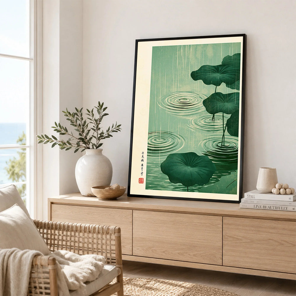 Japanese Pond Wall Art – Vintage Lotus & Rain Art Print — framed artwork living room lifestyle setting