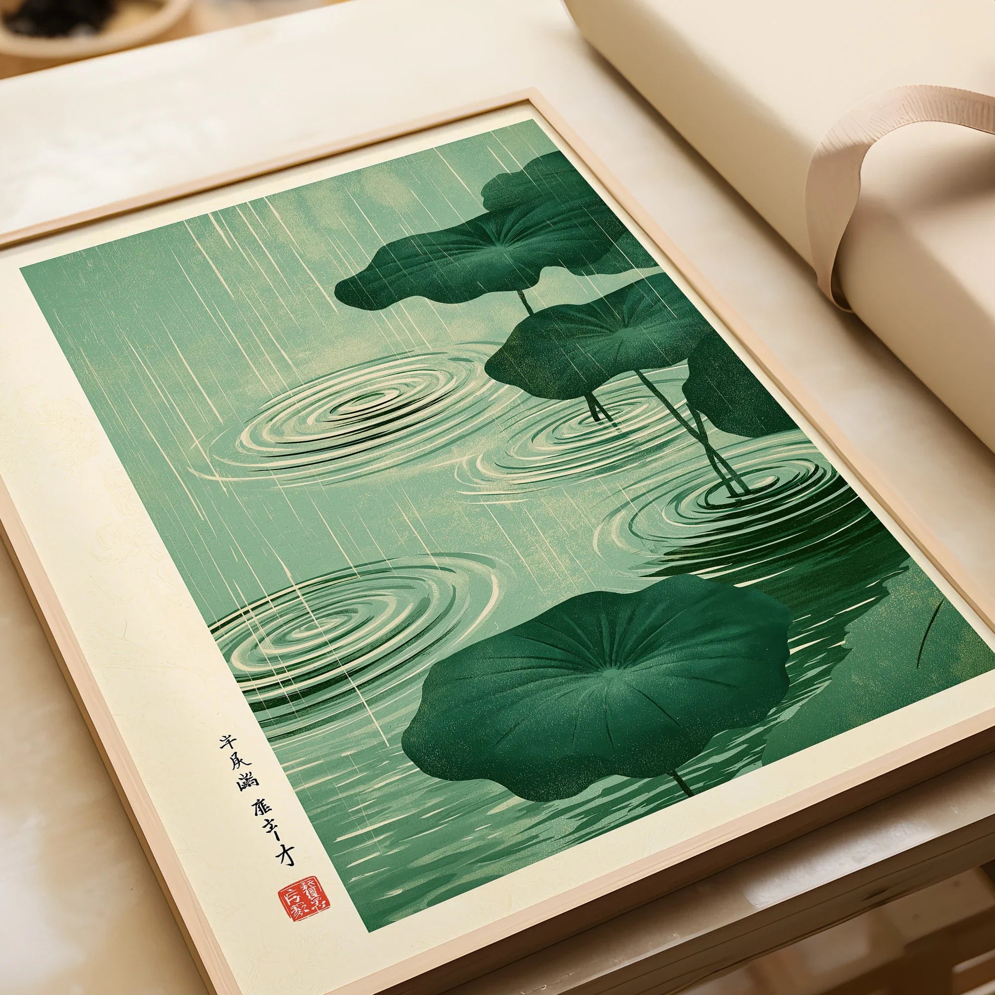 Japanese Pond Wall Art – Vintage Lotus & Rain Art Print — framed art print closeup gift unwrapped natural frame