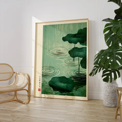 Japanese Pond Wall Art – Vintage Lotus & Rain Art Print — large framed print room setting chair plant