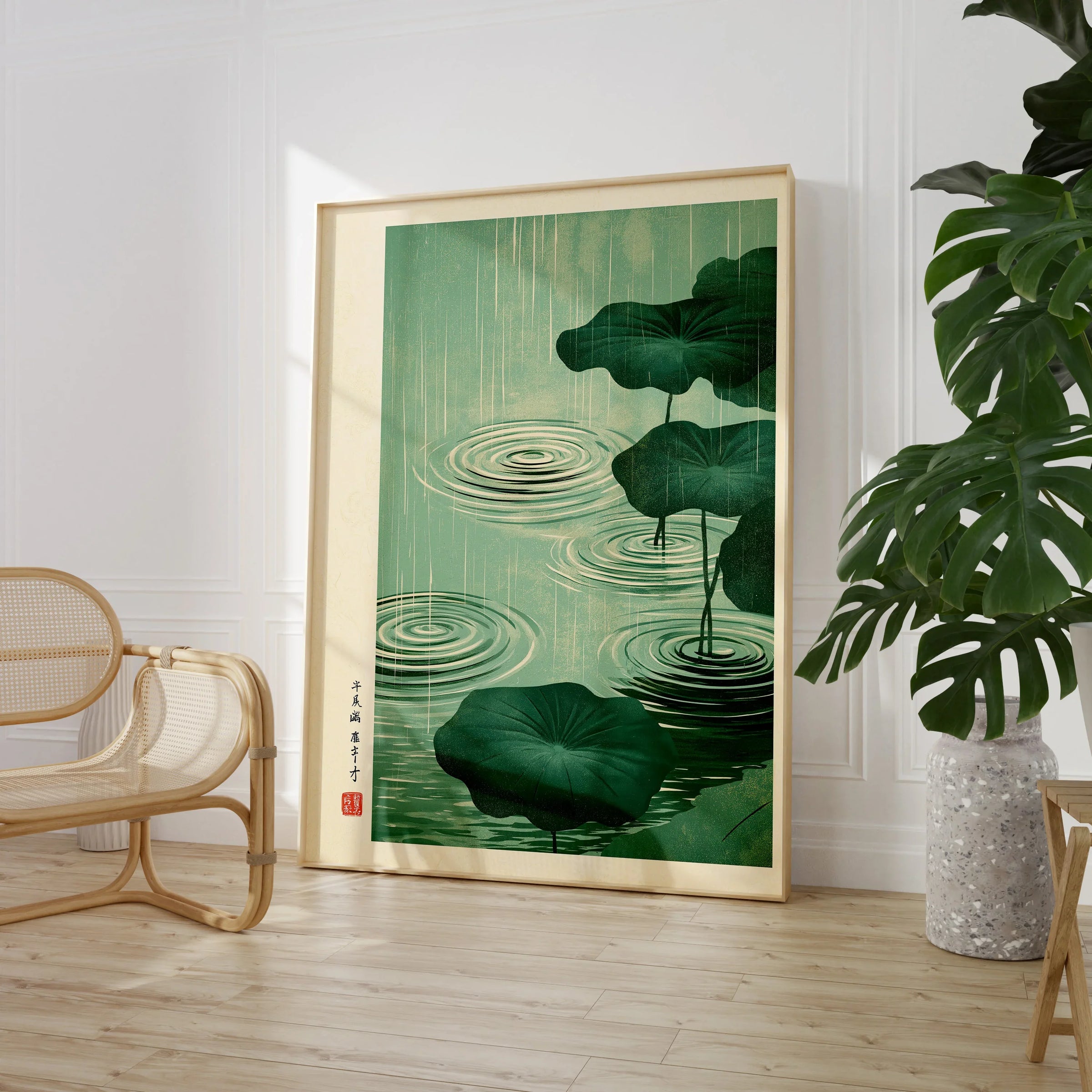 Japanese Pond Wall Art – Vintage Lotus & Rain Art Print — large framed print room setting chair plant