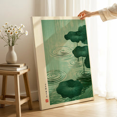 Japanese Pond Wall Art – Vintage Lotus & Rain Art Print — canvas print mirror edge hand holding room setting