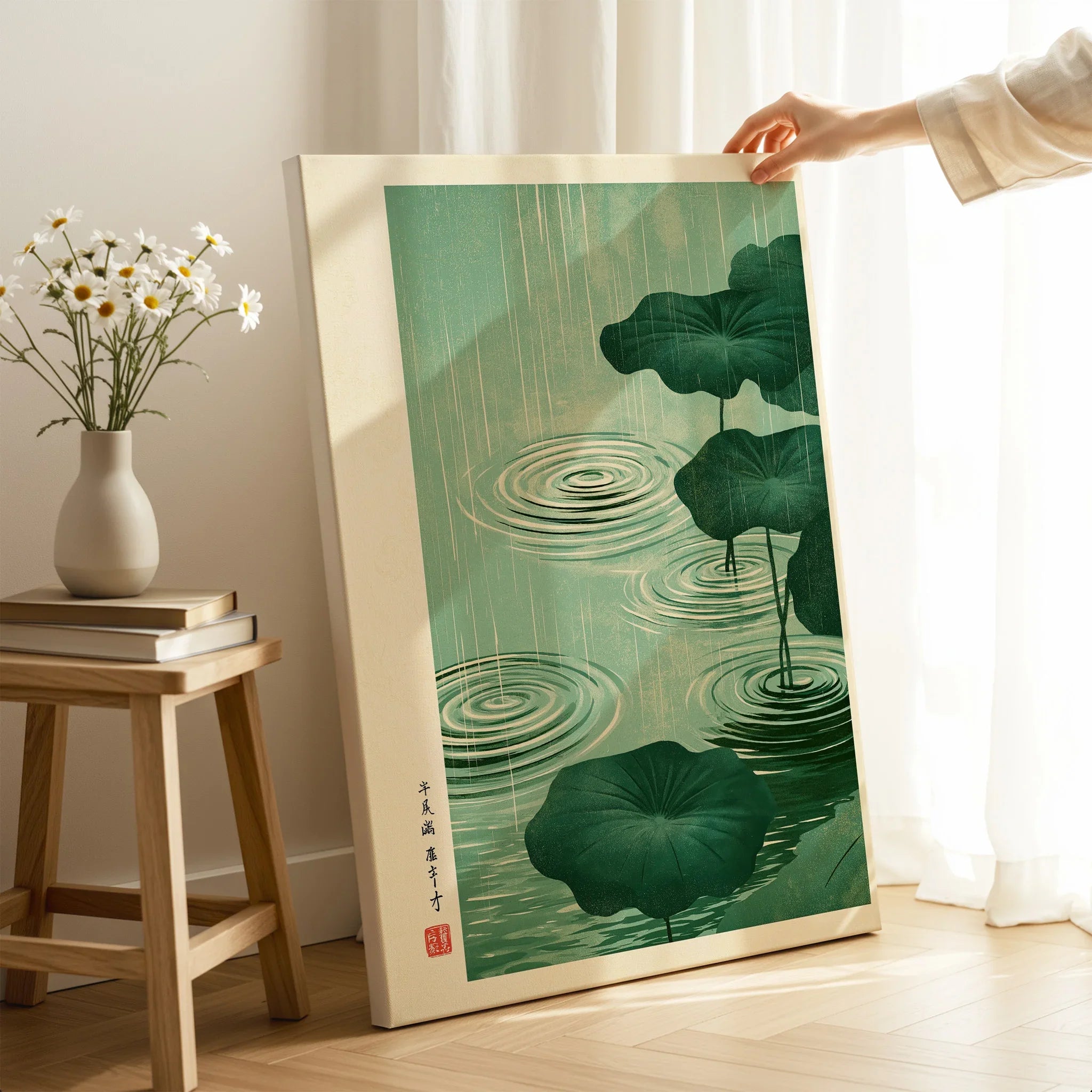 Japanese Pond Wall Art – Vintage Lotus & Rain Art Print — canvas print mirror edge hand holding room setting