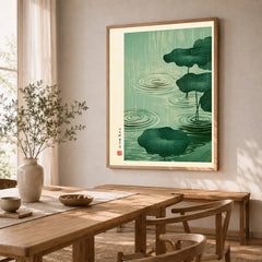 Japanese Pond Wall Art – Vintage Lotus & Rain Art Print — dining room framed print natural wood frame