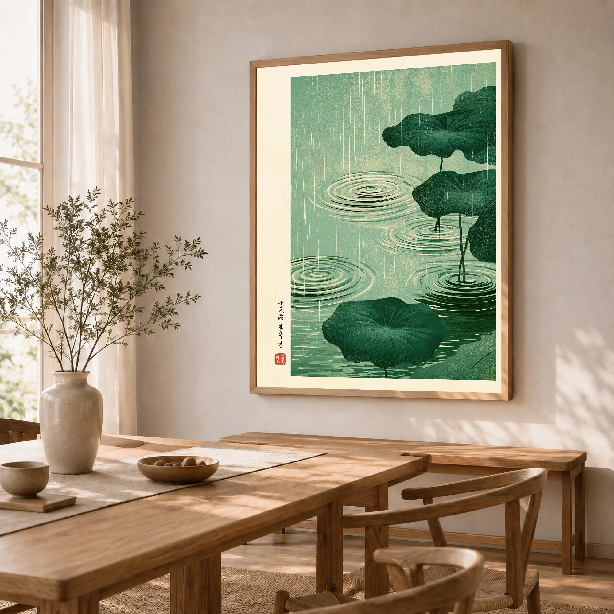Japanese Pond Wall Art – Vintage Lotus & Rain Art Print — dining room framed print natural wood frame