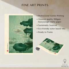 Japanese Pond Wall Art – Vintage Lotus & Rain Art Print — fine art print unframed quality details