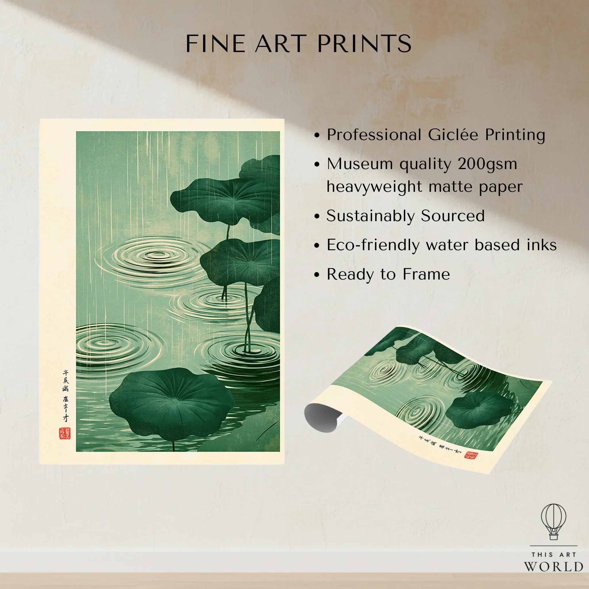 Japanese Pond Wall Art – Vintage Lotus & Rain Art Print — fine art print unframed quality details