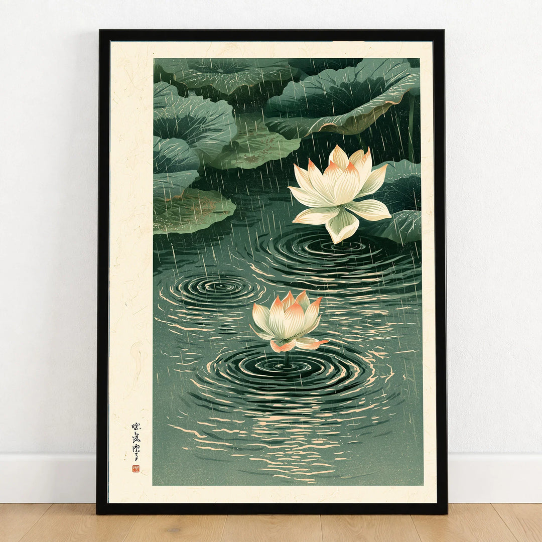 Japanese Lotus Wall Art – Rainy Pond Vintage Print — art print in black frame on wooden floor