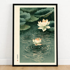 Japanese Lotus Wall Art – Rainy Pond Vintage Print — art print in black frame on wooden floor