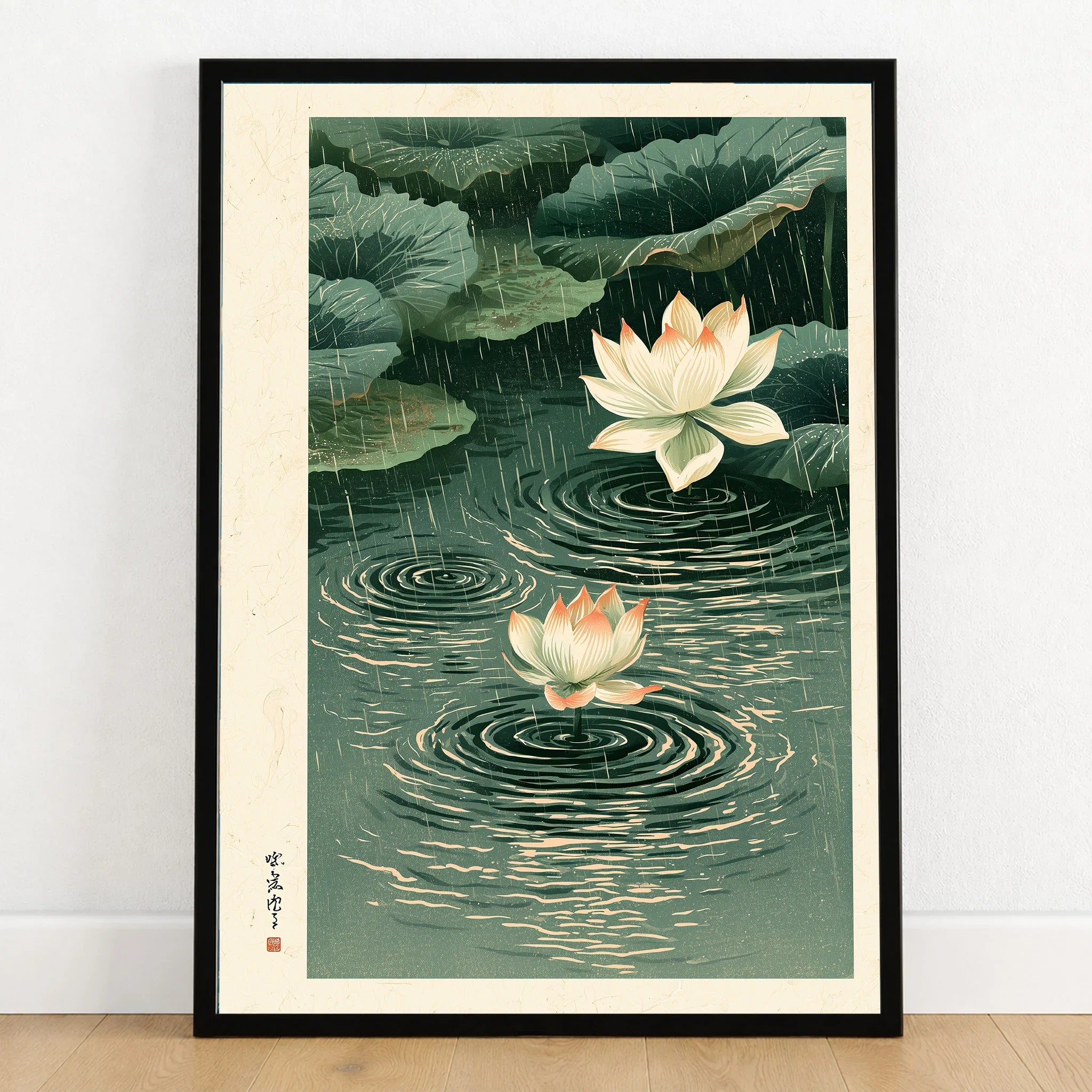 Japanese Lotus Wall Art – Rainy Pond Vintage Print — art print in black frame on wooden floor