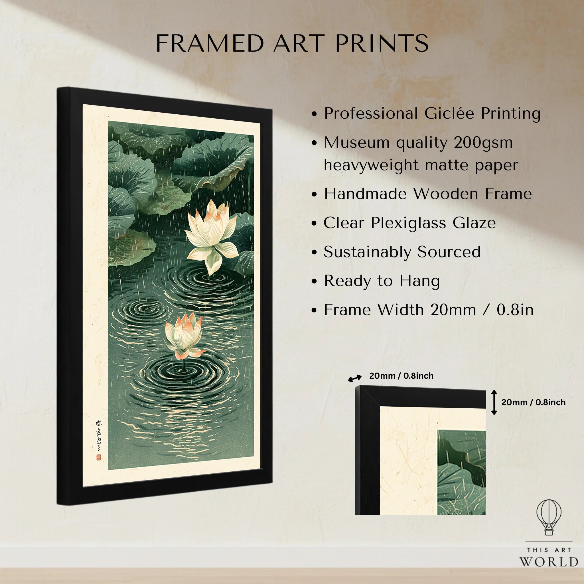 Japanese Lotus Wall Art – Rainy Pond Vintage Print — framed print details measurements quality details