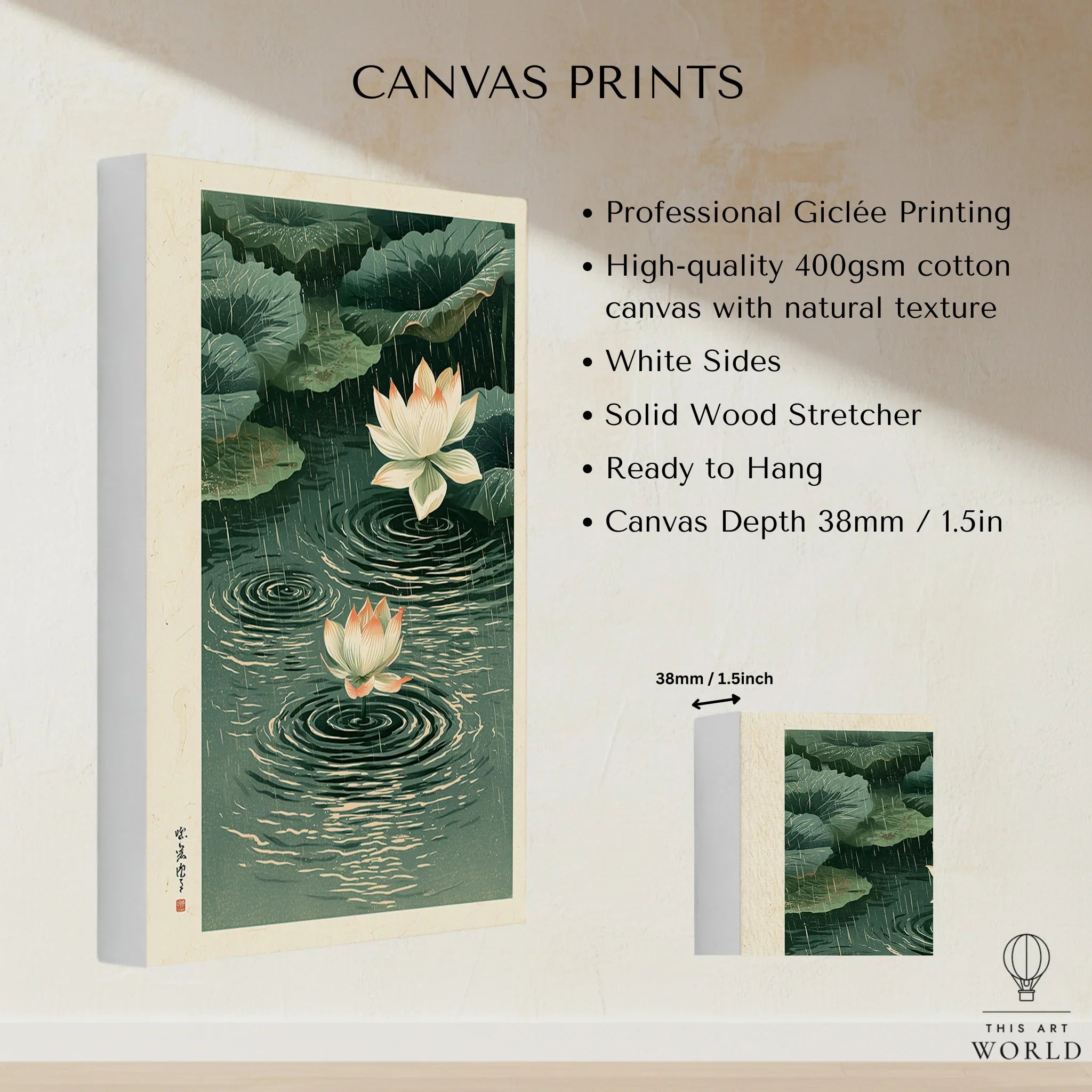 Japanese Lotus Wall Art – Rainy Pond Vintage Print — canvas print stretched cotton canvas details
