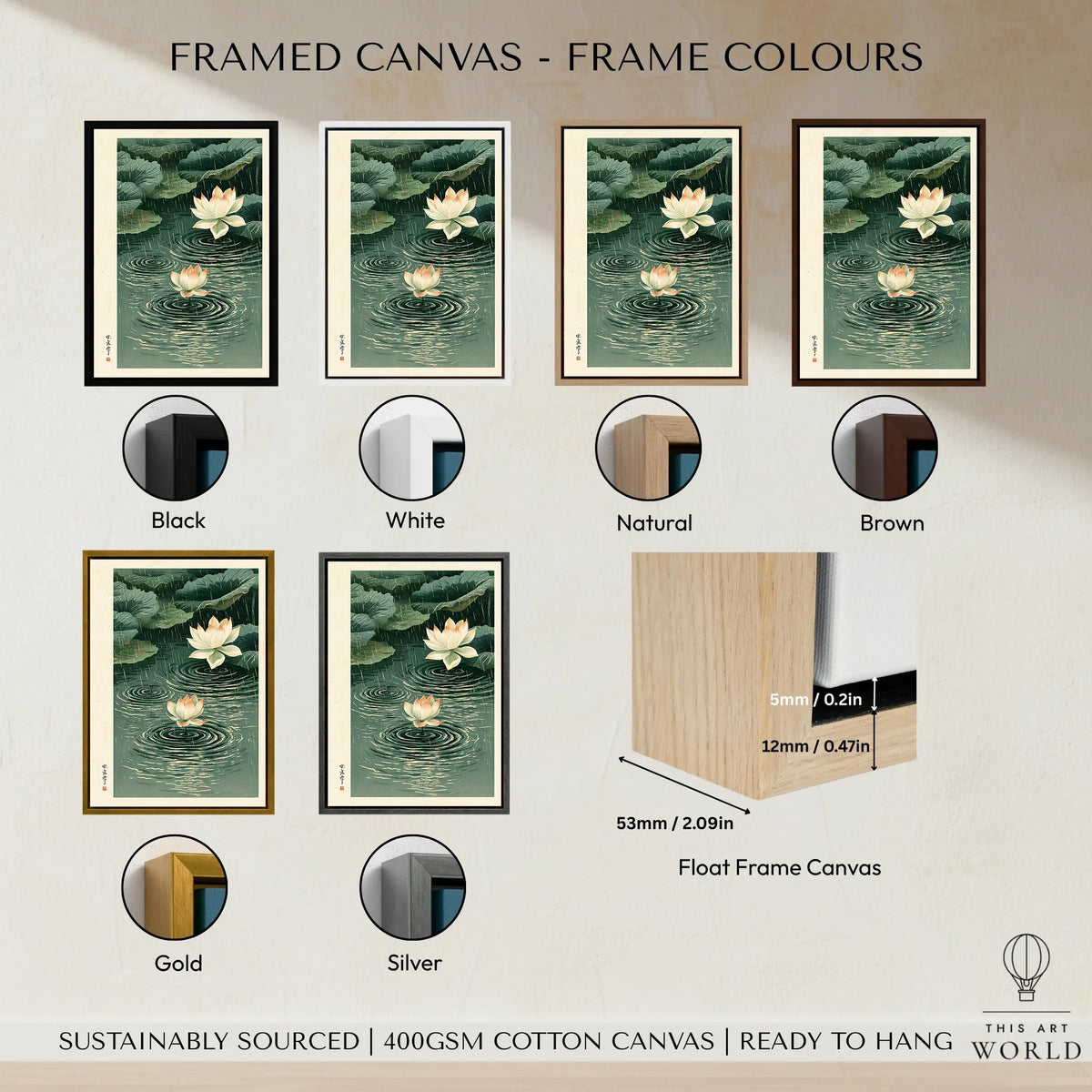 Japanese Lotus Wall Art – Rainy Pond Vintage Print — framed canvas float frame colour options