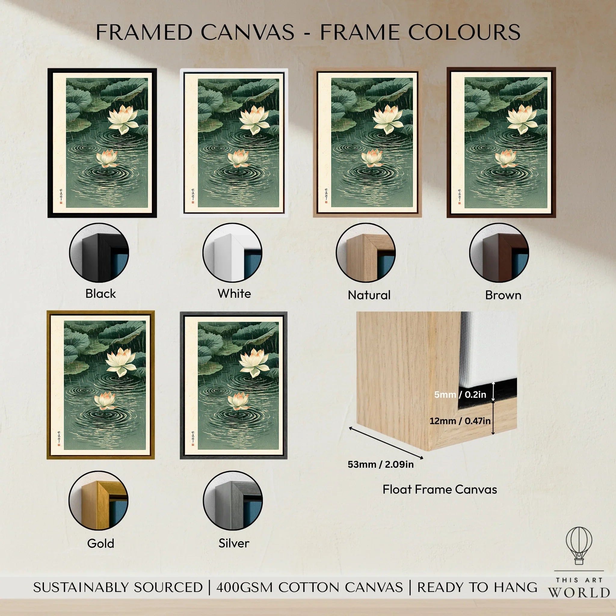 Japanese Lotus Wall Art – Rainy Pond Vintage Print — framed canvas float frame colour options