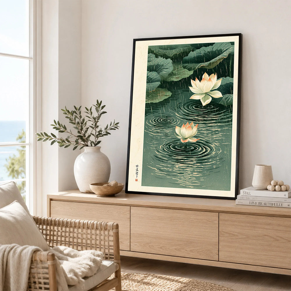 Japanese Lotus Wall Art – Rainy Pond Vintage Print — framed artwork living room lifestyle setting