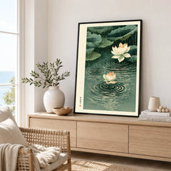 Japanese Lotus Wall Art – Rainy Pond Vintage Print — framed artwork living room lifestyle setting