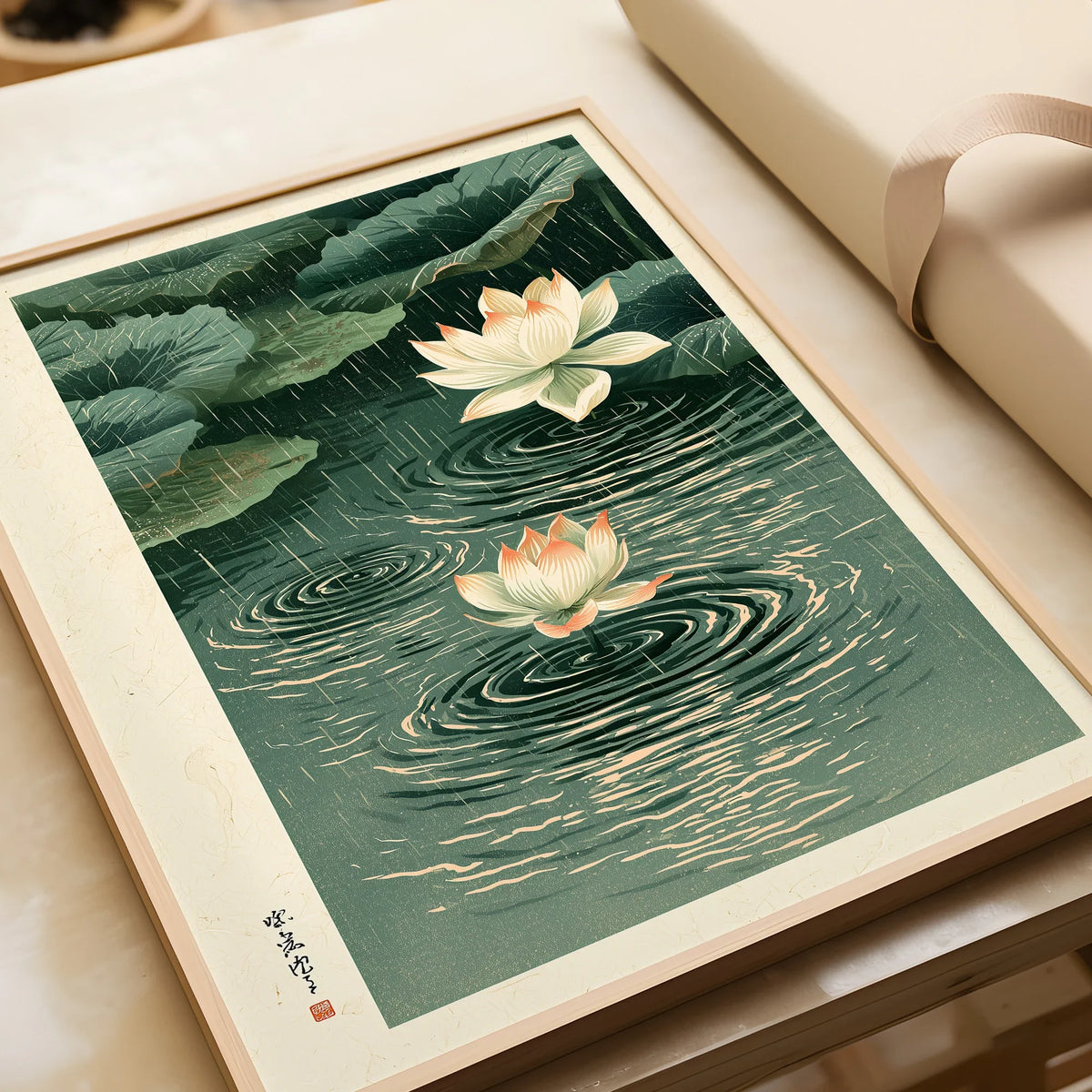 Japanese Lotus Wall Art – Rainy Pond Vintage Print — framed art print closeup gift unwrapped natural frame