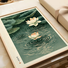 Japanese Lotus Wall Art – Rainy Pond Vintage Print — framed art print closeup gift unwrapped natural frame