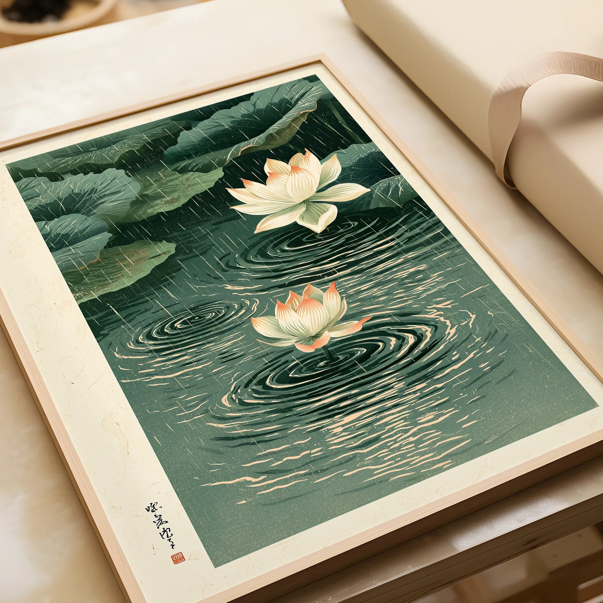Japanese Lotus Wall Art – Rainy Pond Vintage Print — framed art print closeup gift unwrapped natural frame