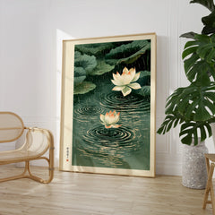 Japanese Lotus Wall Art – Rainy Pond Vintage Print — large framed print room setting chair plant