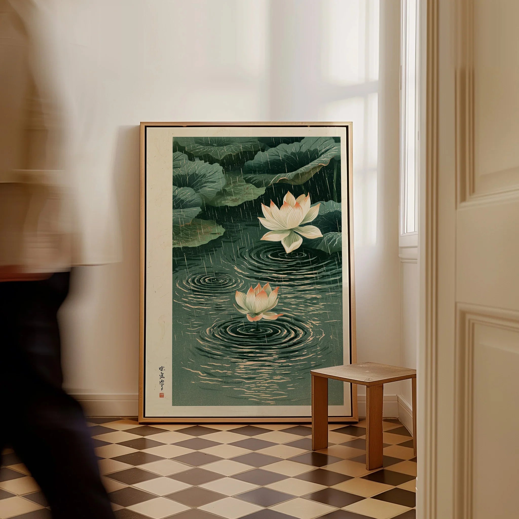 Japanese Lotus Wall Art – Rainy Pond Vintage Print — framed canvas on floor man walking past
