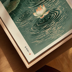 Japanese Lotus Wall Art – Rainy Pond Vintage Print — closeup framed canvas natural wood floating frame