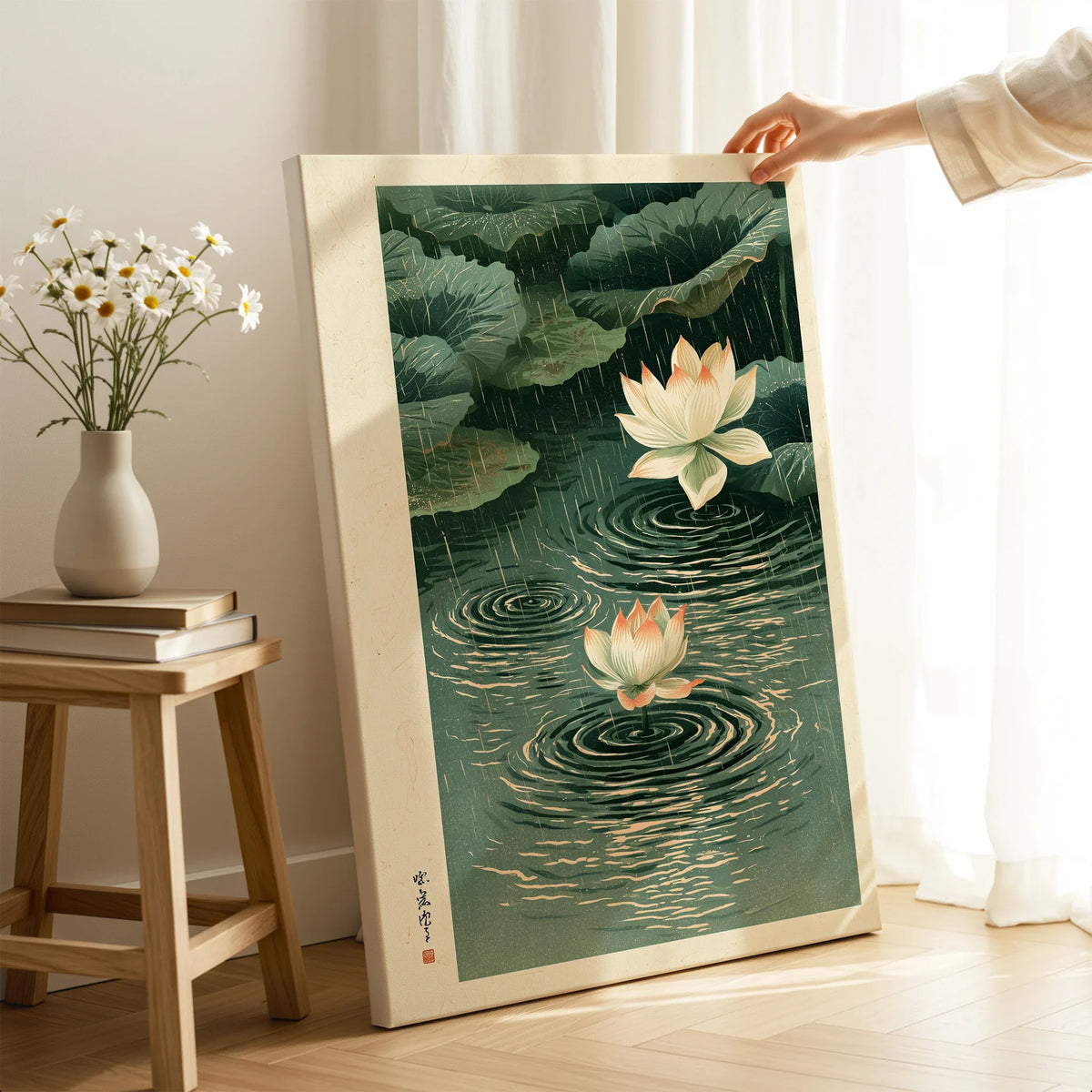 Japanese Lotus Wall Art – Rainy Pond Vintage Print — canvas print mirror edge hand holding room setting