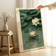 Japanese Lotus Wall Art – Rainy Pond Vintage Print — canvas print mirror edge hand holding room setting