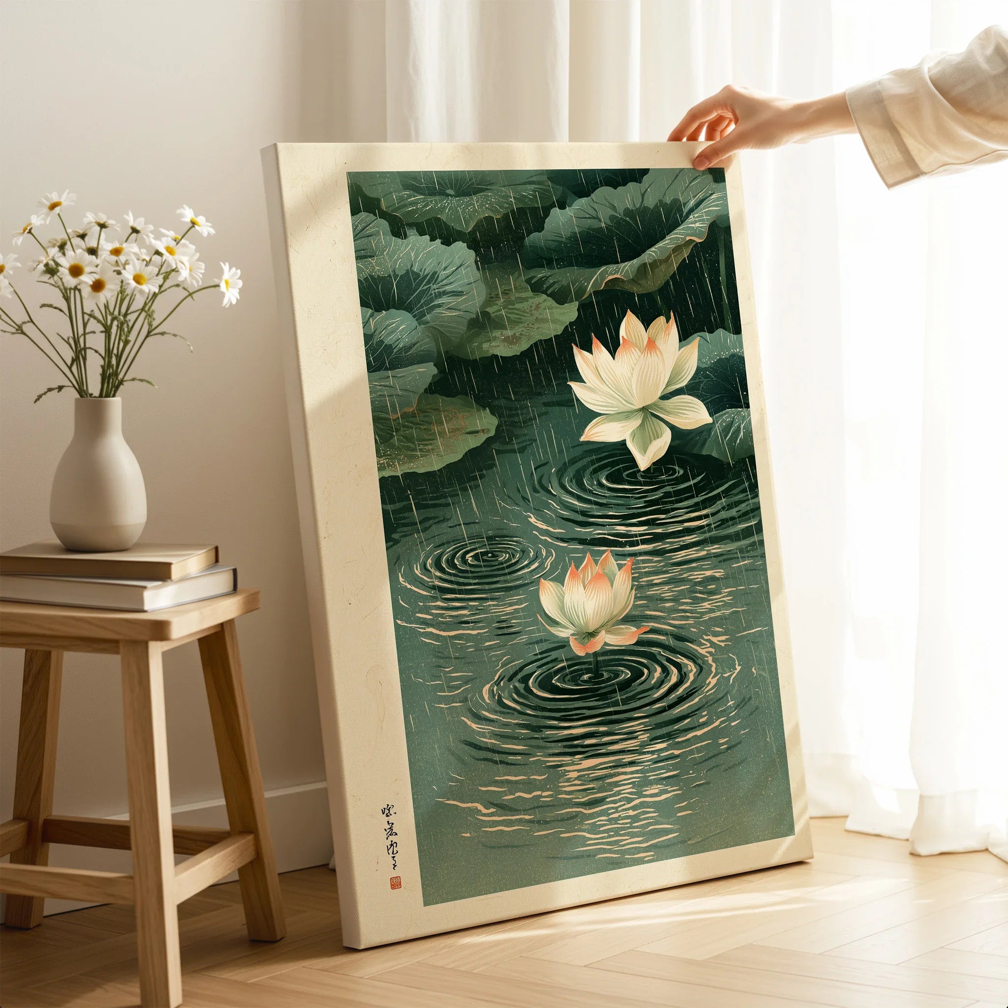 Japanese Lotus Wall Art – Rainy Pond Vintage Print — canvas print mirror edge hand holding room setting