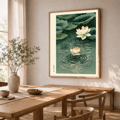 Japanese Lotus Wall Art – Rainy Pond Vintage Print — dining room framed print natural wood frame